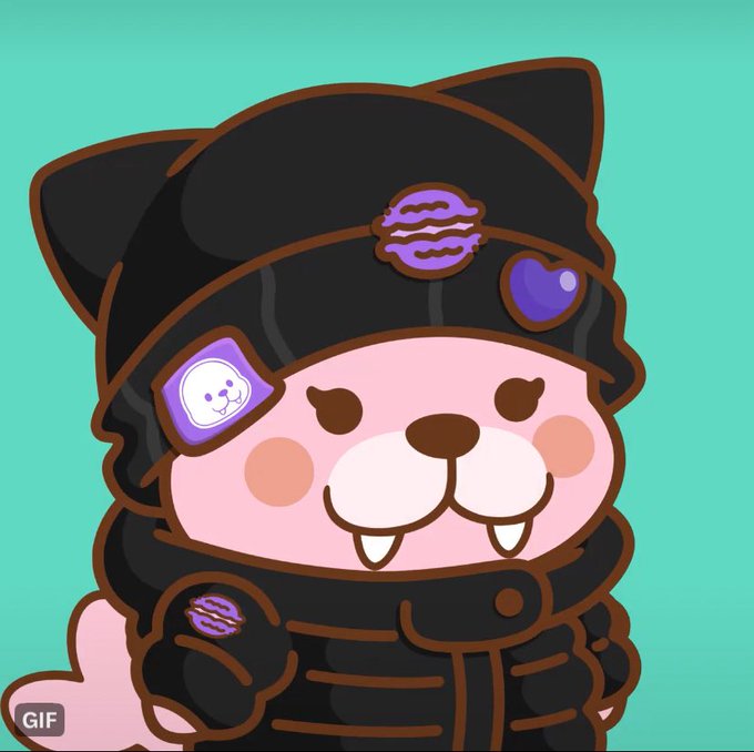A cute cartoon character that appears to be a pink cat or dog in black ninja-style clothing and hat, with skull and heart patches, displayed as a GIF on a teal background.
