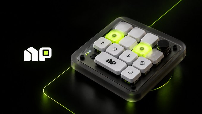 A product image showcases a compact macropad with white keycaps, green backlit keys, and a black rotary knob, alongside a logo with the letters 'NP'.