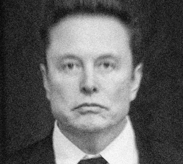 A grainy black-and-white portrait shows a man in a suit and tie, appearing to be Elon Musk.