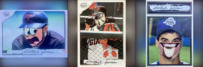 A collage of three artistic baseball trading cards featuring illustrated and photographic portraits of players in San Francisco Giants caps and catcher gear, each bearing the text 'eunthal james'.