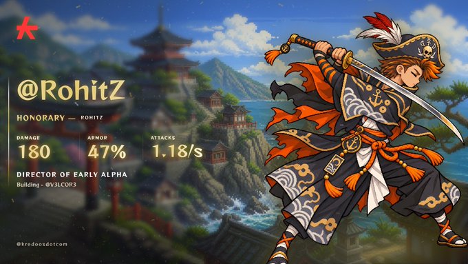 The image is a digital collectible card featuring an anime-style samurai warrior named "Rohitz" with stats of 180 Damage, 47% Armor, and 1.18 Attacks/sec, credited as "Director of Early Alpha."

It fits the post's "GM Legends" greeting by serving as a showcase of a character NFT asset, possibly being highlighted or considered for a mint.