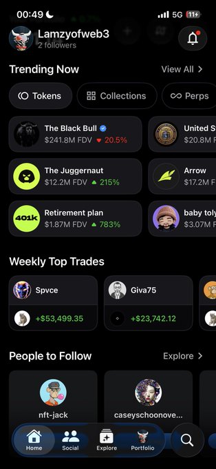 A mobile app screenshot showing a crypto/memecoin tracker for user 'Lamzyofweb3', featuring 'Trending Now' tokens like 'The Black Bull' (-20.5%), 'The Juggernaut' (215%), and 'Retirement plan' (783%), along with Weekly Top Trades and a 'People to Follow' section.