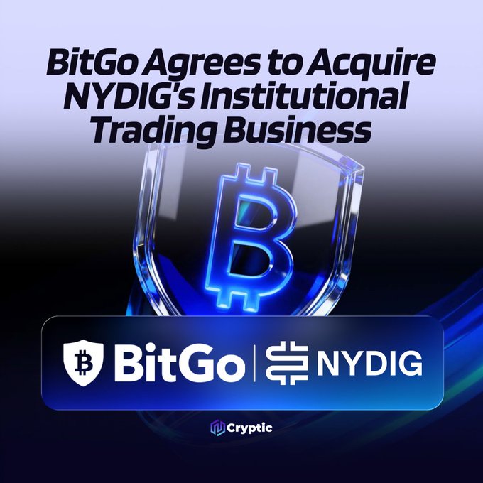 A promotional graphic announces "BitGo Agrees to Acquire NYDIG's Institutional Trading Business," featuring a glowing blue Bitcoin symbol and the BitGo and NYDIG logos, visually reinforcing the announcement that BitGo is expanding its institutional digital asset trading capabilities through this acquisition.