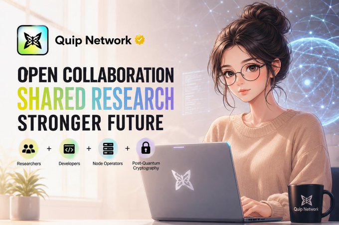 A promotional graphic for "Quip Network" featuring an illustrated woman working on a laptop alongside the tagline "OPEN COLLABORATION, SHARED RESEARCH, STRONGER FUTURE," with icons highlighting Researchers, Developers, Node Operators, and Post-Quantum Cryptography—visually reinforcing the post's theme of building a collaborative research community for quantum technology.