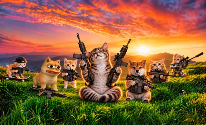 AI-generated or stylized image depicting cats and dogs (including a Shiba Inu) holding various firearms in a grassy field at sunset, arranged like a military squad lineup.
