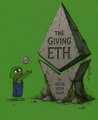 The image features a cartoon character, likely a frog or a gecko, standing next to a large stone that says "The GivingETH" written on it. The character appears to be throwing a coin into the stone as if it were a tombstone for someone named Ethan. The caption below the image reads, "Thank you to all minters so far of The GivingETH. @manifoldxyz team was super helpful getting things resolved quickly on their end."