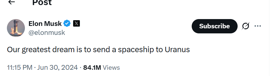 A screenshot of a post by Elon Musk (@elonmusk) on June 30, 2024, reading "Our greatest dream is to send a spaceship to Uranus," which has garnered 84.1M views. The post appears to have been exploited by crypto promoters referencing a "$URANUS" token, capitalizing on the playful post's connection to SpaceX and humor.