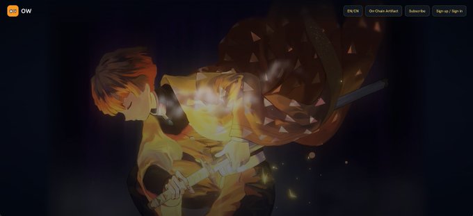 An artistic illustration shows an anime-style character with orange hair wielding a spiked weapon, with the logo 'ow' in the top left and buttons for '$OW', 'On-Chain Artifacts', 'Subscribe', and 'Sign in / Sign up' in the top right.