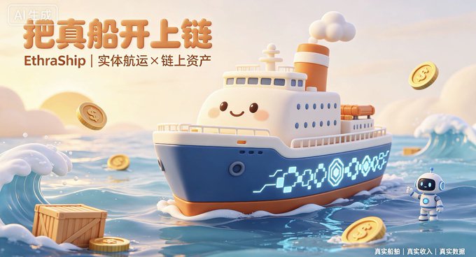 A cute, stylized 3D-rendered cartoon ship with a smiling face floats on a bright blue sea, surrounded by floating gold coins and a small astronaut companion. The image features Chinese text reading "把真船开上链" (Put a real ship on the chain), "EthraShip | 实体航运 × 链上资产" (EthraShip | Real Shipping × On-chain Assets), and "真实船舶 | 真实收入 | 真实数据" (Real Ships | Real Income | Real Data), reinforcing the post's message that EthraShip differentiates itself from typical RWA projects by tokenizing actual physical ships and shipping income rather than paper financial instruments.