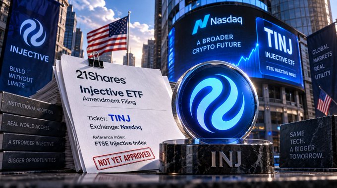 A promotional graphic for the Injective ETF (TINJ) on Nasdaq, featuring a 'NOT YET APPROVED' stamp on the 21Shares amendment filing alongside the INJ logo.