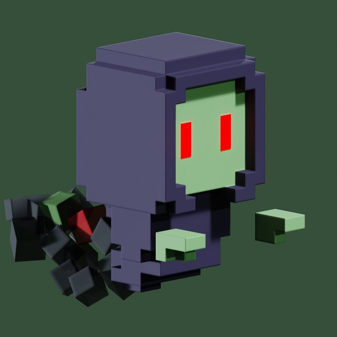 A 3D voxel-style illustration of a hooded character with a green skull-like face and glowing red eyes against a dark green background.