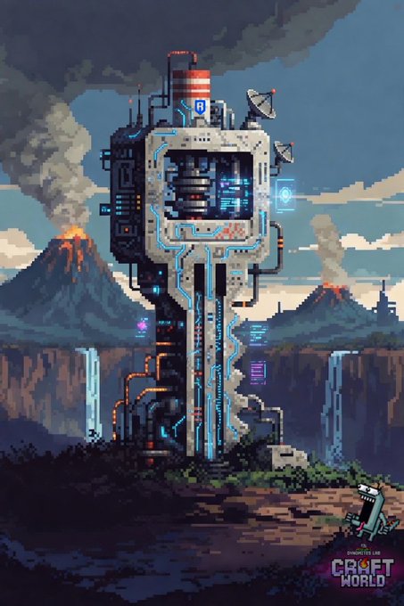 The image features a tall tower with a unique design, surrounded by mountains and lava fields. The tower has a futuristic appearance, suggesting that it might be part of a video game or an animated movie set. In the foreground, there are two people standing near the base of the tower, possibly exploring its interior or admiring its structure. The post also includes text elements such as "Craft World" and "DynoKey", which could indicate the source or inspiration behind this creative piece.