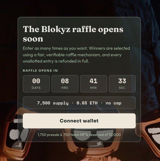 The image displays a "Blokyz raffle" countdown timer showing 00 days, 08 hours, 41 minutes, and 33 seconds until deposits open, with details of 7,500 supply at 0.03 ETH and a "Connect wallet" button—aligning with the post announcing the @OriginalBlokyz mint draw opening in 8 hours, where the user plans to purchase 5-10 tickets.
