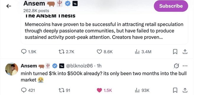 Social media post by user 'Ansem' (@blknoiz06) celebrating turning $1K into $500K in just two months into a bull market, with 1.5K likes and 93K views.