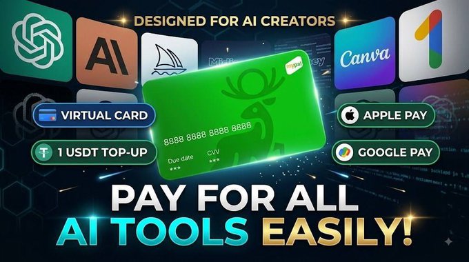 A promotional advertisement designed for AI creators, displaying a green virtual debit card and app icons for ChatGPT, Adobe AI, Midjourney, Canva, Apple Pay, and Google Pay, with the bold text 'PAY FOR ALL AI TOOLS EASILY!' and '1 USDT TOP-UP'.
