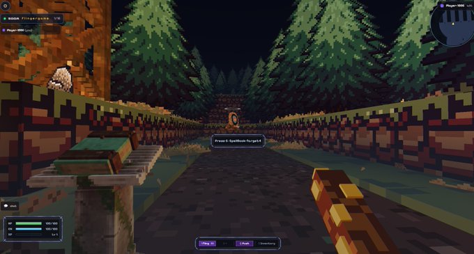A first-person perspective screenshot from a pixelated, blocky video game showing a path through a forest lined with brick walls, with an interaction prompt reading 'Press E: Spellbook Forge!' visible in the center.