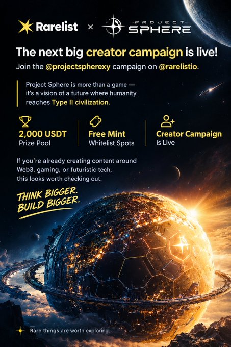 A promotional poster for 'Rarelist x Project Sphere' advertises a creator campaign with a '2,000 USDT Prize Pool' and 'Free Mint Whitelist Spots', featuring sci-fi imagery of a Dyson sphere.