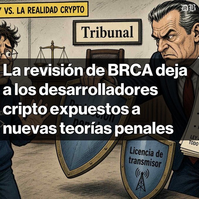 An illustration depicting a courtroom scene with two figures facing off behind shields, overlaid with Spanish text "La revisión de BRCA deja a los desarrolladores cripto expuestos a nuevas teorías penales" and "VS. LA REALIDAD CRYPTO Tribunal".