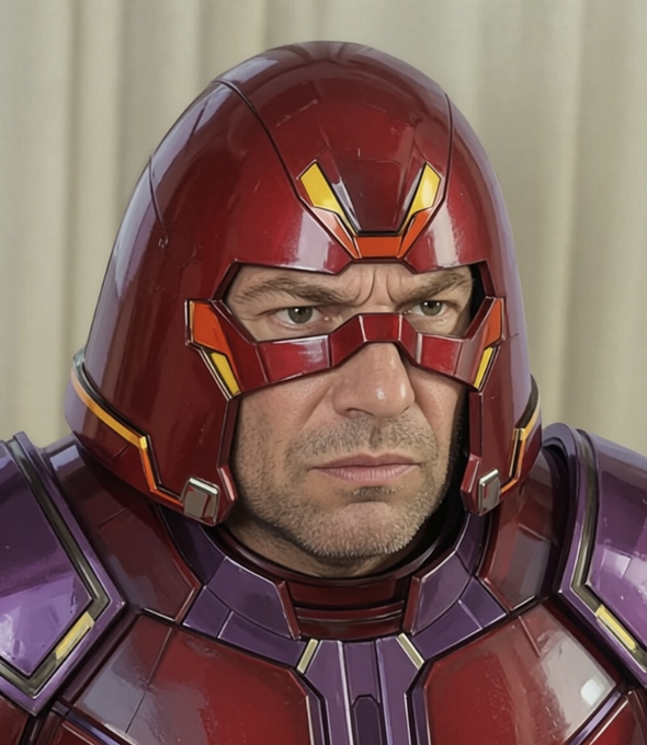 A close-up image of a man in a red and purple armored superhero helmet (resembling Magneto) with a serious expression and stubble visible below the mask.