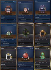 A grid of nine pixel-art robot/character NFT cards displayed on a blue background, each showing different character designs with varying weapons, colors, and gear. The image visually represents the "but…" NFT collection advertised on OpenSea, showcasing the variety of factions, classes, and customizable attributes referenced in the post about the RPG game deployment.