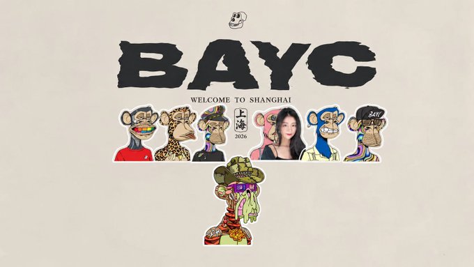 The image features a cartoon illustration of six monkeys wearing hats, with one monkey standing out as having a face. The background of the image is white, and there are stickers placed around the image that say "BAYC" and "Welcome To Shanghai". A person's face can be seen in the bottom right corner of the image, possibly representing an avatar or character from the post.