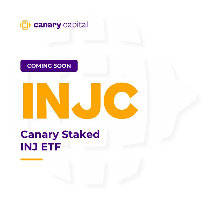 A promotional graphic for "canary capital" announcing "COMING SOON INJC Canary Staked INJ ETF" with orange and purple text on a white background.