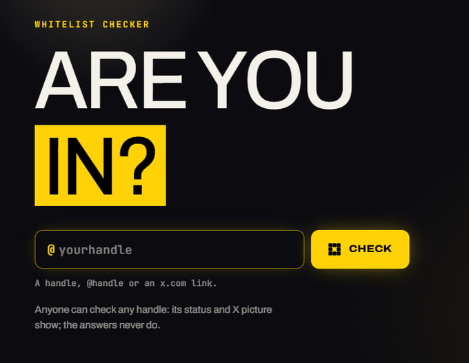 A website interface titled 'WHITELIST CHECKER' asks 'ARE YOU IN?' and allows users to enter a handle like '@yourhandle' to check whitelist status.
