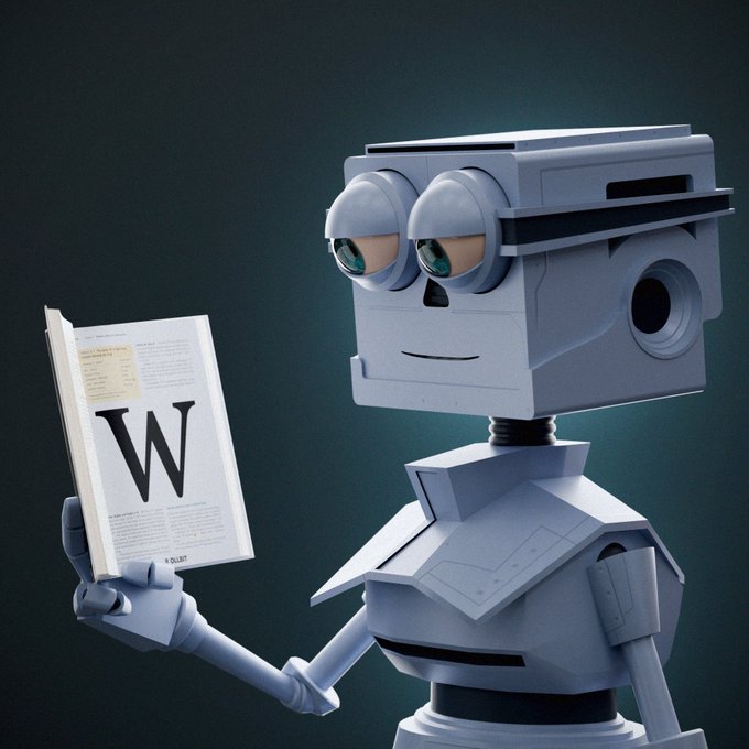 A 3D-rendered cartoon robot with a blue-gray body holding an open book displaying the Wikipedia 'W' logo, set against a dark gradient background.