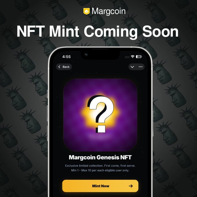 A promotional teaser for Margcoin's upcoming "NFT Mint Coming Soon" announcement, featuring a smartphone mockup displaying a purple app screen with a glowing question mark, the "Margcoin Genesis NFT" title, minting details ("First come, first serve. Min 1 - Max 10 per each eligible user only"), and a yellow "Mint Now" button, all set against a dark background patterned with faded Statue of Liberty icons.