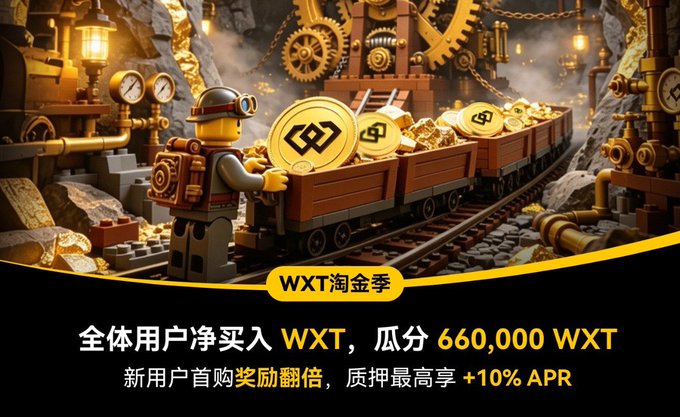 A promotional banner for 'WXT淘金季' showing a LEGO-style miner with a cart full of gold tokens, with Chinese text advertising a 660,000 WXT prize pool and +10% APR rewards.