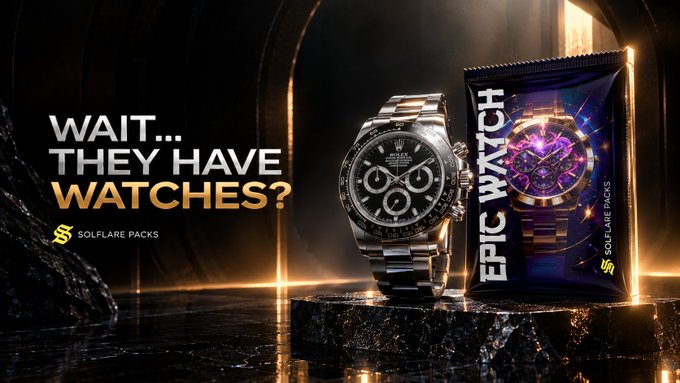 A Rolex watch is displayed next to an "Epic Watch" Solflare Pack against a dramatic dark backdrop, with the text "WAIT... THEY HAVE WATCHES?" highlighting the surprising new addition to Solflare's trading pack lineup. The image visually reinforces the post's theme of expanding collectible categories, which now include luxury timepieces alongside Pokémon, One Piece, sports, and anime packs.