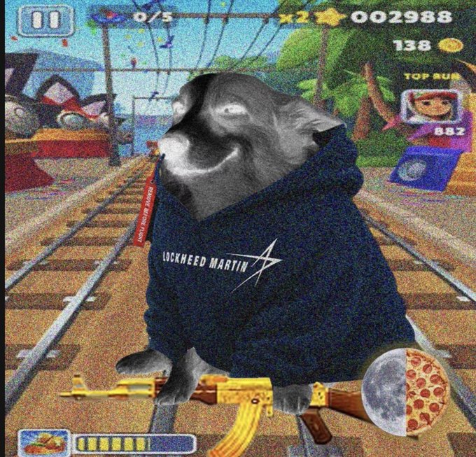 A surreal meme image of a dog's head on a body wearing a 'LOCKHEED MARTIN' hoodie, holding a gold AK-47 and a pizza-moon, overlaid on a Subway Surfers gameplay screenshot.