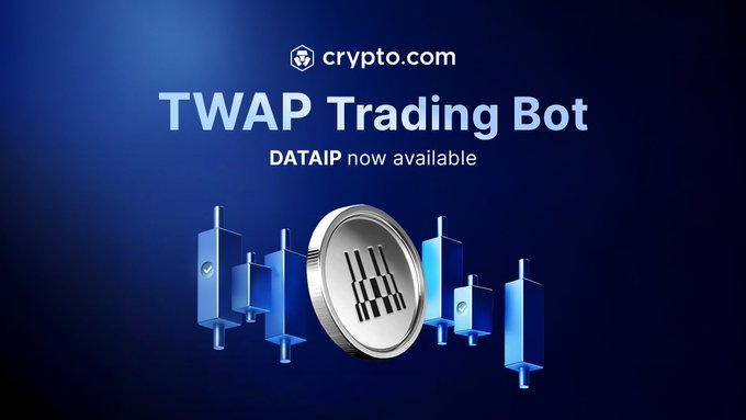 A promotional graphic for Crypto.com's TWAP Trading Bot, featuring the Crypto.com logo and text announcing "TWAP Trading Bot — $DATAIP now available," accompanied by a stylized illustration of a coin with a barcode-like design flanked by blue bar chart elements, visually representing the bot's ability to break large trades into smaller, incremental orders.