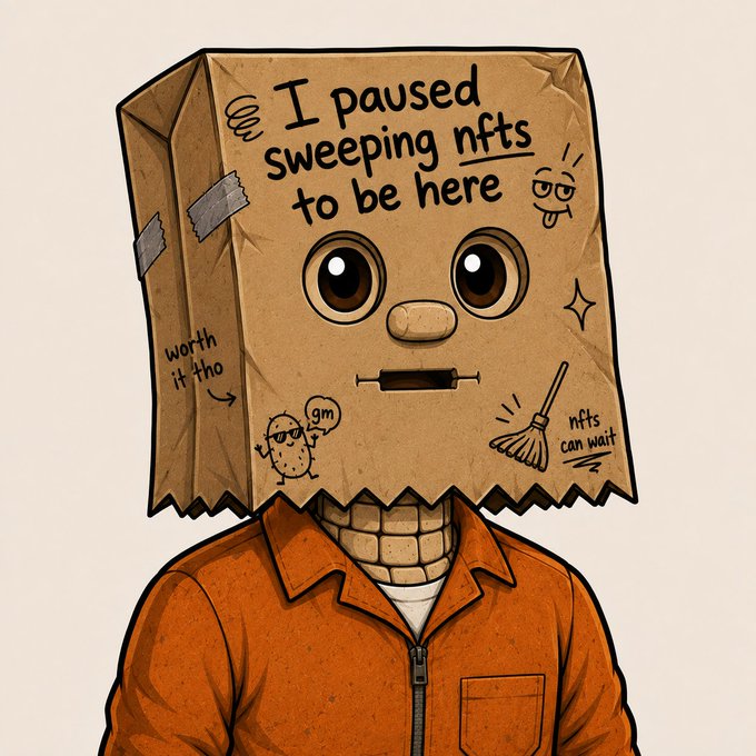 A cartoon-style illustration of a character wearing an orange prison jumpsuit with a brown paper bag over their head, decorated with hand-drawn doodles and the text 'I paused sweeping nfts to be here,' 'worth it tho,' and 'nfts can wait.'