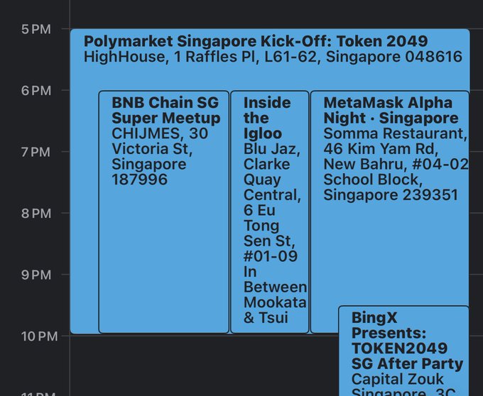 A schedule graphic for Token2049 Singapore's Wednesday evening at HighHouse shows overlapping events from 5-10PM, including Polymarket Singapore Kick-Off, BNB Chain SG Super Meetup at CHIJMES, Inside the Igloo at Blu Jaz Clarke Quay, MetaMask Alpha Night at Somma Restaurant, and BingX's TOKEN2049 SG After Party at Capital Zouk, highlighting the difficult choice between competing crypto industry events.
