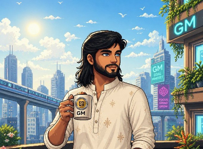A bearded man in a white kurta holds a "GM" mug in front of a futuristic cityscape, with a prominent "GM GOAL MINDSET" sign and neon labels like "FOCUS" and "GROW" in the background, visually reinforcing the optimistic "GM" (Good Morning) and growth-oriented web3 community spirit of the post.