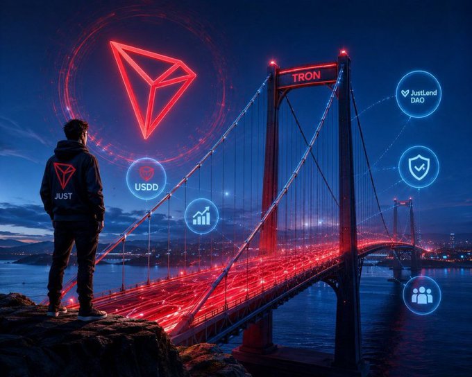 A digital artwork depicts a person looking towards a glowing red TRON bridge with floating icons for USDD, JustLend DAO, and other features.