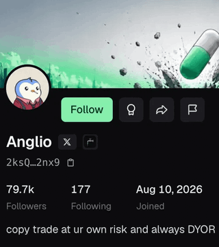 The image shows a profile page for a user named "Anglio" with the handle "2ks0...2nx9," featuring 79.7k followers, 177 following, a join date of Aug 10, 2026, and a bio stating "copy trade at ur own risk and always DYOR." The bold header warns that "pumpfun culture is CANCER onchain," aligning with the profile's apparent focus on crypto trading and a skeptical, warning tone toward speculative token culture.