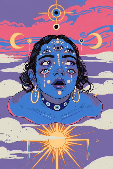 The image features an illustration of a woman with blue eyes and a face painted like a butterfly. She appears to be floating or suspended in mid-air, surrounded by clouds. The background of the artwork is purple, which complements the overall color scheme. The artist has used a unique style that combines elements from different art forms, such as painting and illustration. The post also mentions "GM & Happy #TezosTuesday" at the top, indicating it's an art-related discussion or event.