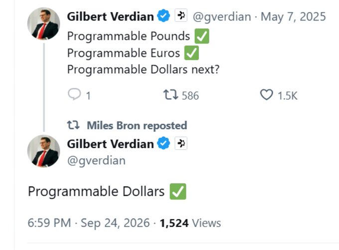 A social media post by Gilbert Verdian (@gverdian) lists 'Programmable Pounds ✓' and 'Programmable Euros ✓', asks 'Programmable Dollars next?', with a repost confirming 'Programmable Dollars ✓'.