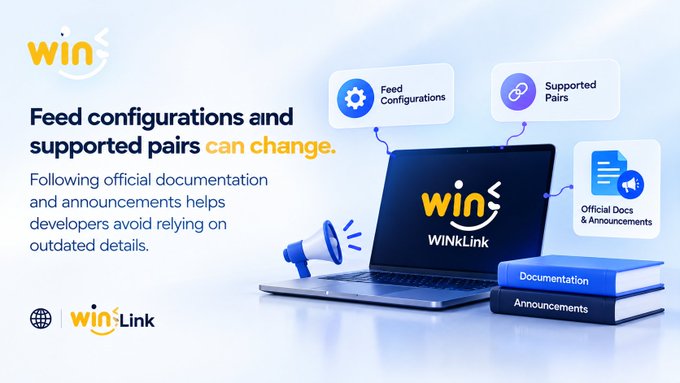 A promotional graphic for 'WinkLink' with the text 'Feed configurations and supported pairs can change.' and 'Following official documentation and announcements helps developers avoid relying on outdated details.'