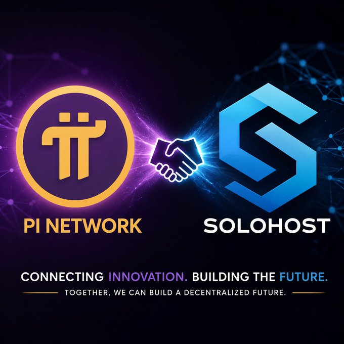 A promotional graphic announcing the Pi Network × SoloHost partnership, featuring the Pi Network's orange circular logo with its Greek letter "π" symbol on the left and SoloHost's blue hexagonal "S" logo on the right, separated by a glowing handshake icon—reinforcing the accompanying post's message that this collaboration is being undervalued despite its potential significance for the decentralized ecosystem.