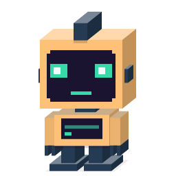 A 3D-rendered voxel-style robot character with a tan and dark blue color scheme features glowing teal square eyes and a simple horizontal mouth.