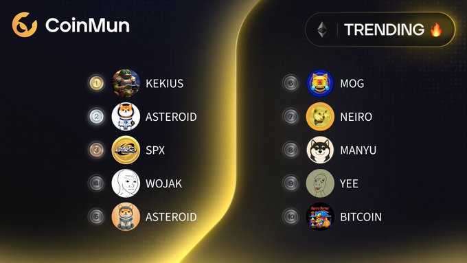 A CoinMun "TRENDING" list showing the top 10 cryptocurrencies, including KEKIUS, ASTEROID, SPX, WOJAK, MOG, NEIRO, MANYU, YEE, and BITCOIN.