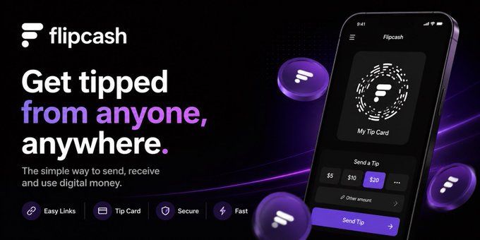 A promotional graphic for 'flipcash' digital money app featuring the tagline 'Get tipped from anyone, anywhere' alongside a smartphone showing the app interface with a tip card.