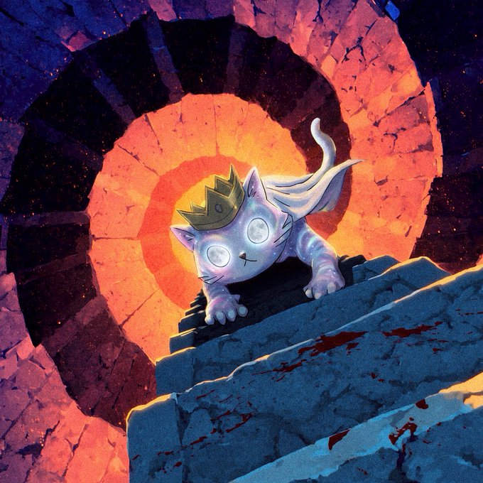 Digital artwork of a white cat wearing a golden crown with glowing eyes, crawling on stone steps in front of an orange and red stone archway.