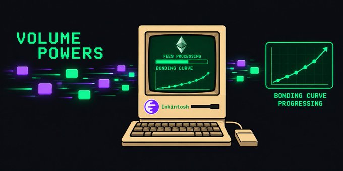 A retro-style digital illustration of a vintage computer labeled "Inkintosh" displaying "FEES PROCESSING" and "BONDING CURVE", with floating cubes and charts indicating "VOLUME POWERS" and "BONDING CURVE PROGRESSING".