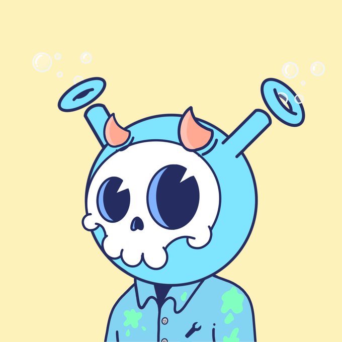 Cute cartoon illustration of a small blue robot-like character with a skull face, orange horns, and green stains on its shirt against a pale yellow background.