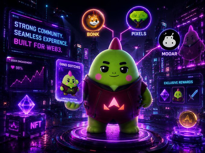 A green robot with a pink hat and red jacket stands on a purple platform, holding a blue sign that reads "Strong community seamless experience built for Web3".