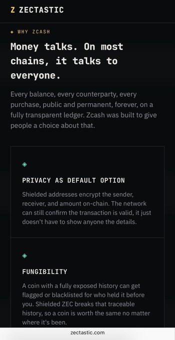 An informational graphic from 'ZECTASTIC' explains 'WHY ZCASH', describing privacy and fungibility features with sections titled 'PRIVACY AS DEFAULT OPTION' and 'FUNGIBILITY'.